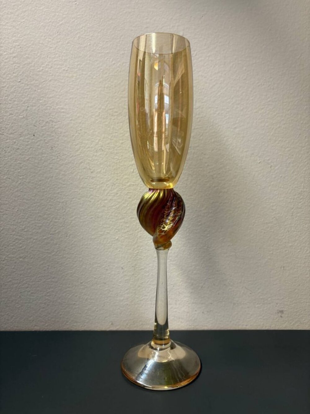 Brioni Art Glass Iridescent Stem Champagne Wine Flute Goblet Artist Signed